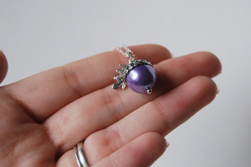 Lilac and Silver Pearl Acorn Necklace | Cute Nature Acorn Charm Necklace | Forest Acorn Necklace | Woodland Pearl Acorn | Nature Jewelry - Enchanted Leaves - Nature Jewelry - Unique Handmade Gifts