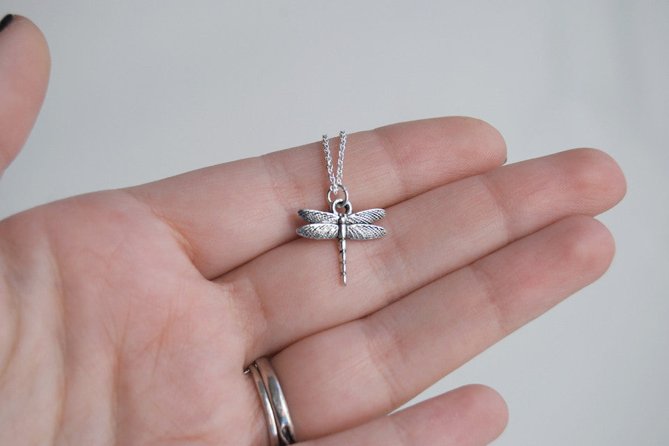 Tiny Silver Dragonfly Necklace - Enchanted Leaves - Nature Jewelry - Unique Handmade Gifts