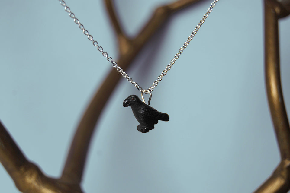 Little Crow Necklace | Black Bird Charm Necklace - Enchanted Leaves - Nature Jewelry - Unique Handmade Gifts