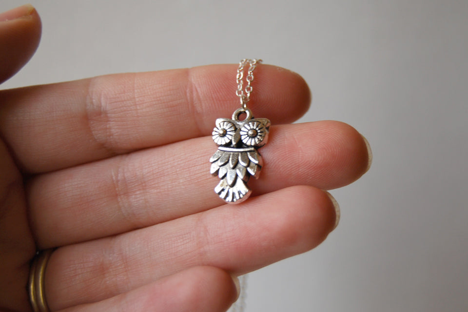 Little Owl Necklace | Woodland Silver Owl Charm Necklace | Fall Jewelry - Enchanted Leaves - Nature Jewelry - Unique Handmade Gifts