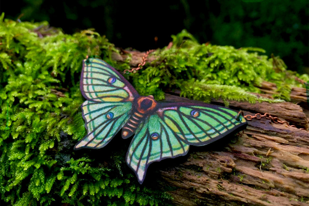 Spanish Luna Moth Necklace | Green Moth Pendant | Woodland Forest Moth Necklace - Enchanted Leaves - Nature Jewelry - Unique Handmade Gifts