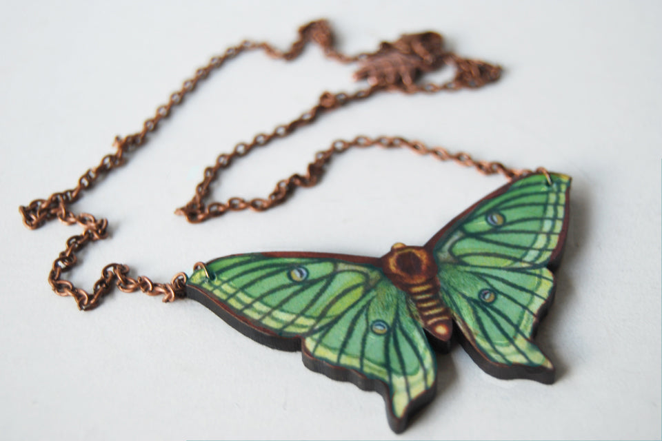 Spanish Luna Moth Necklace | Green Moth Pendant | Woodland Forest Moth Necklace