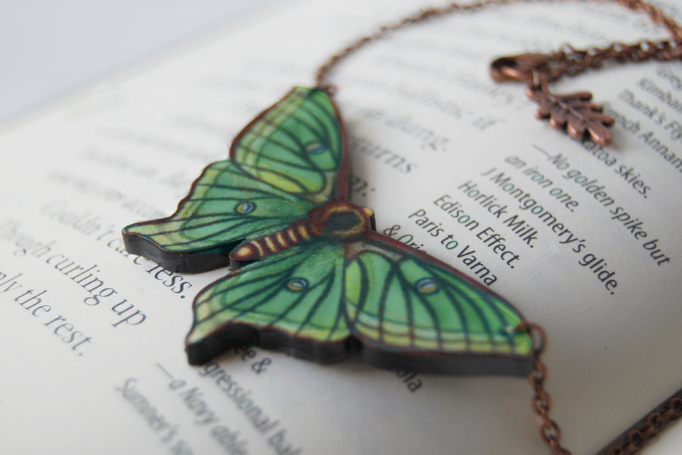 Spanish Luna Moth Necklace | Green Moth Pendant | Woodland Forest Moth Necklace