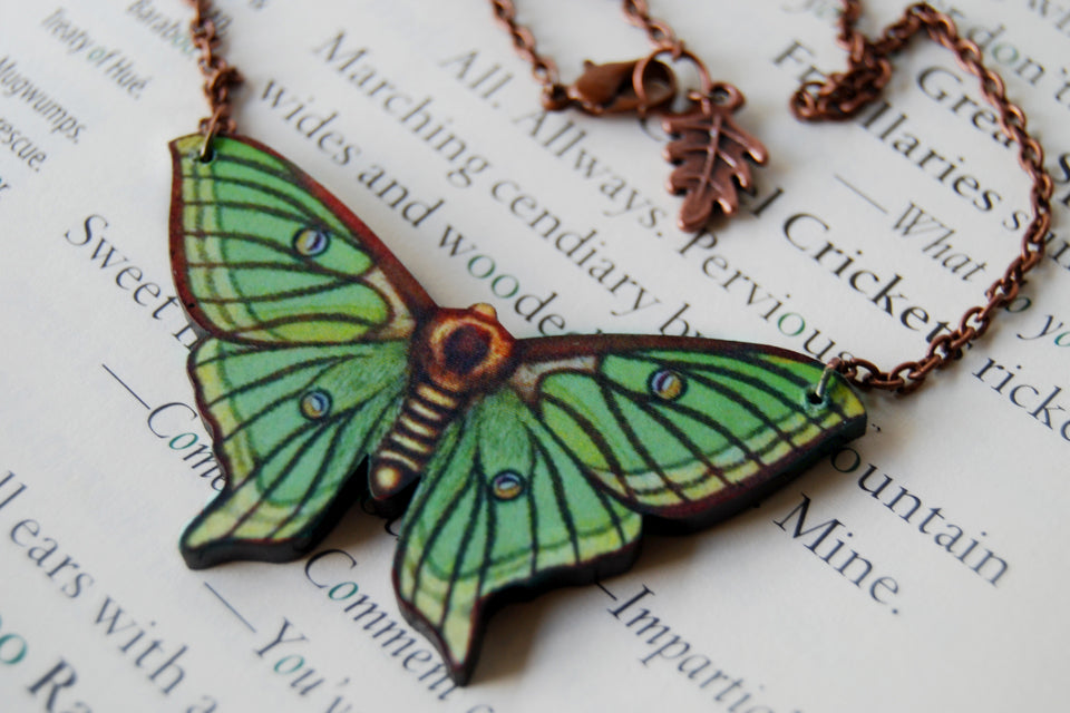 Spanish Luna Moth Necklace | Green Moth Pendant | Woodland Forest Moth Necklace