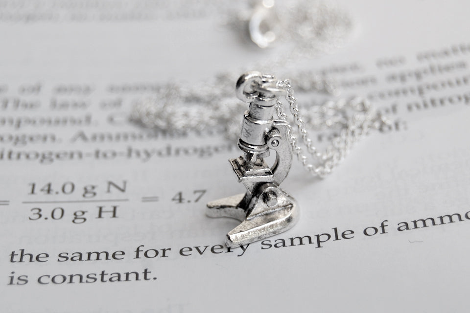 Tiny Silver Laboratory Microscope Necklace - Enchanted Leaves - Nature Jewelry - Unique Handmade Gifts