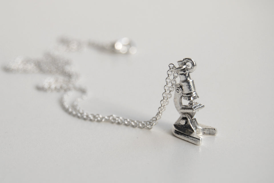 Tiny Silver Laboratory Microscope Necklace - Enchanted Leaves - Nature Jewelry - Unique Handmade Gifts