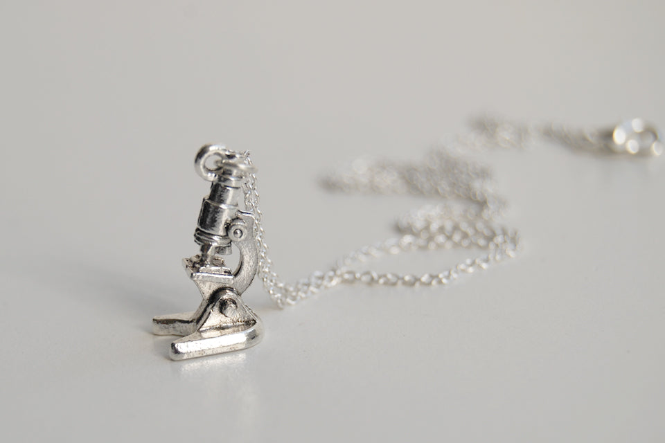 Tiny Silver Laboratory Microscope Necklace - Enchanted Leaves - Nature Jewelry - Unique Handmade Gifts