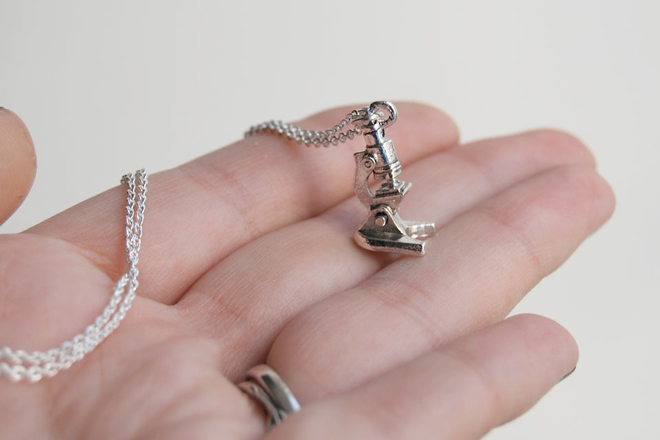 Tiny Silver Laboratory Microscope Necklace - Enchanted Leaves - Nature Jewelry - Unique Handmade Gifts