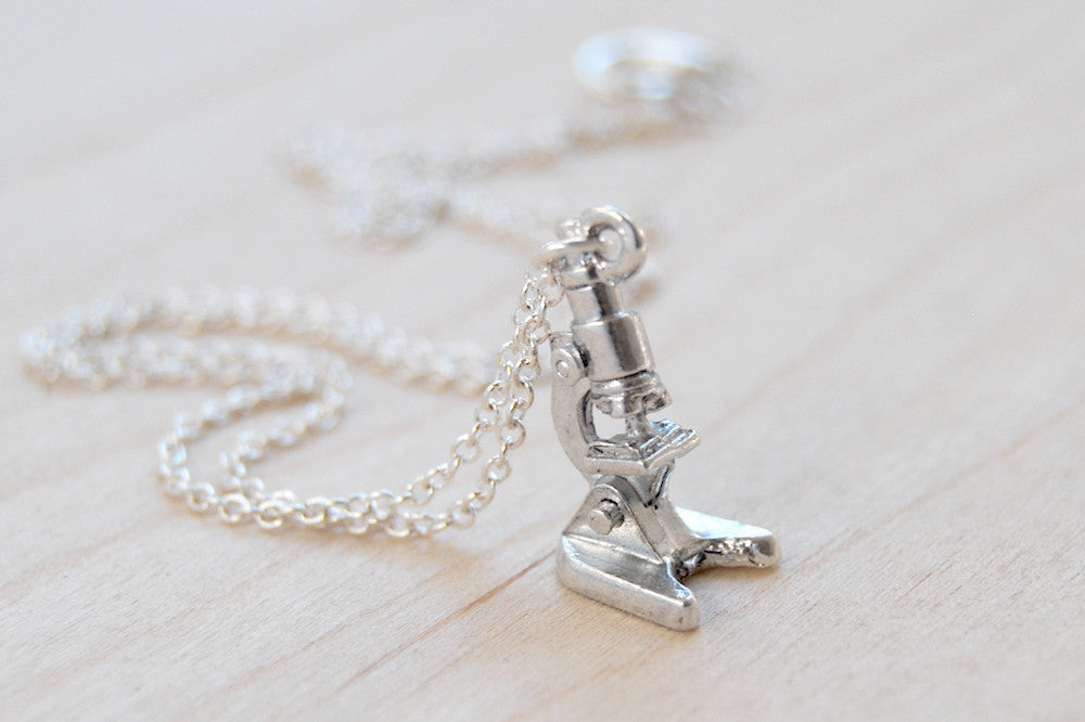 Tiny Silver Laboratory Microscope Necklace - Enchanted Leaves - Nature Jewelry - Unique Handmade Gifts