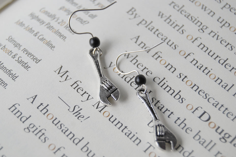 Little Monkey Wrench Earrings | Wrench Charm Earrings | Silver Tool Jewelry - Enchanted Leaves - Nature Jewelry - Unique Handmade Gifts