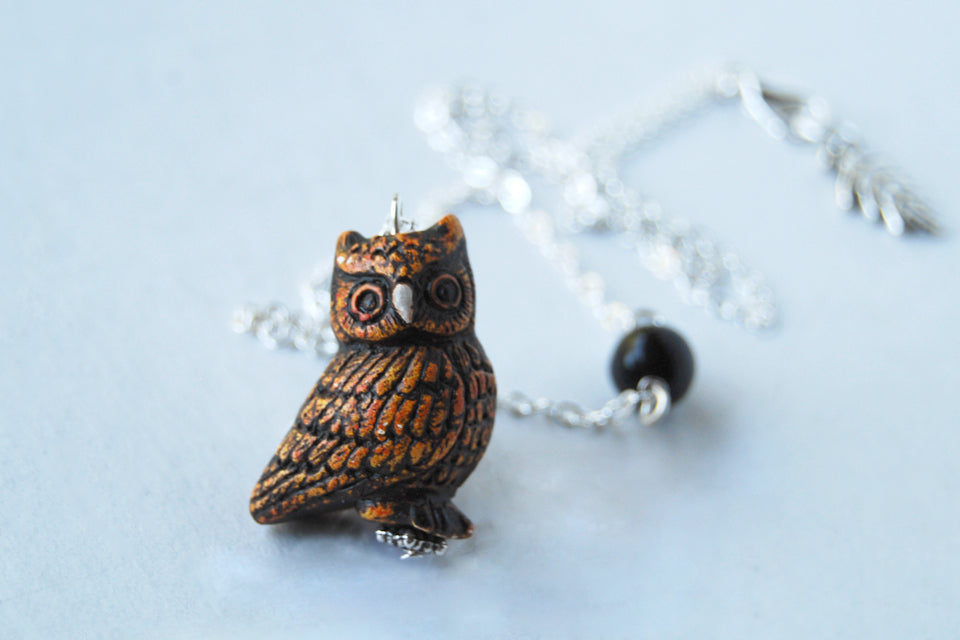 Night Owl Necklace | Handmade Owl Charm Necklace | Woodland Owl Pendant - Enchanted Leaves - Nature Jewelry - Unique Handmade Gifts