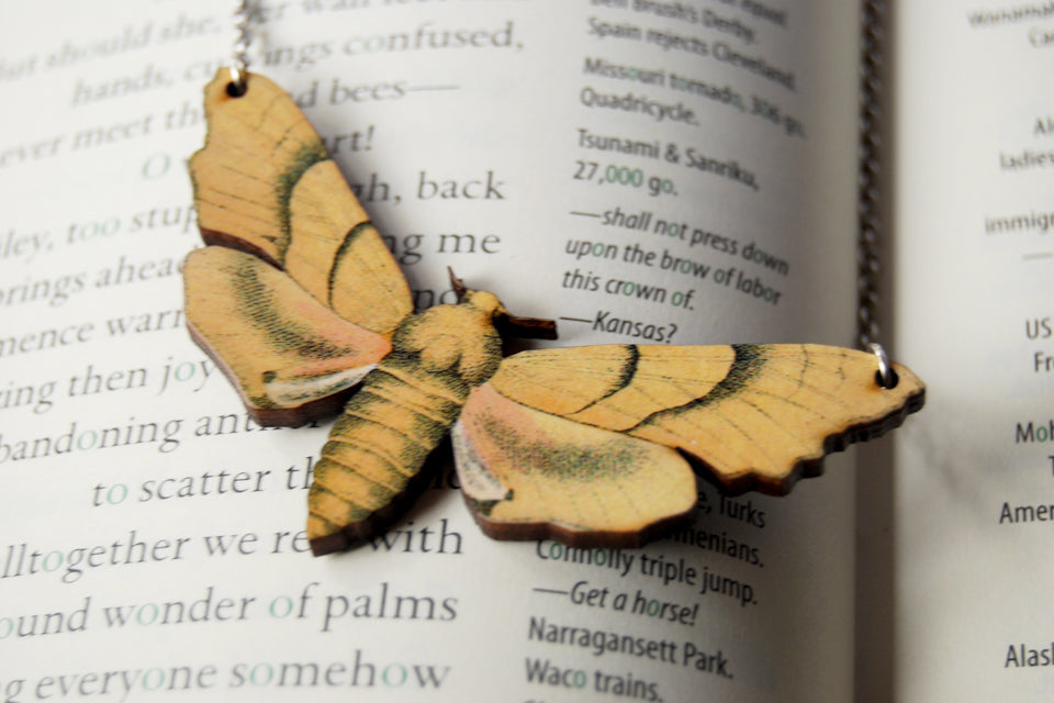 Oak Hawk Moth Necklace | Woodland Yellow Moth Necklace | Forest Moth Pendant - Enchanted Leaves - Nature Jewelry - Unique Handmade Gifts