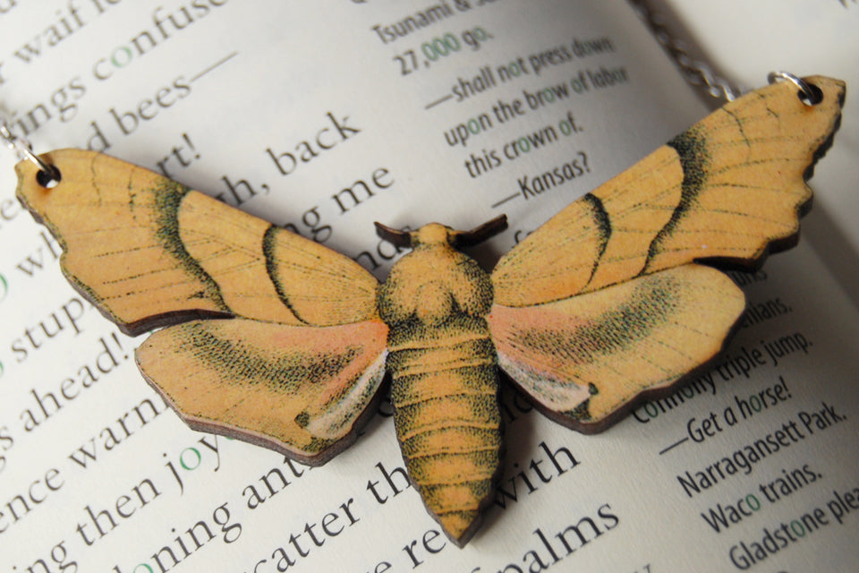 Oak Hawk Moth Necklace | Woodland Yellow Moth Necklace | Forest Moth Pendant - Enchanted Leaves - Nature Jewelry - Unique Handmade Gifts