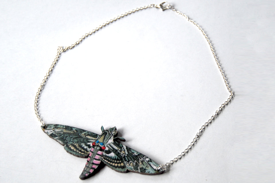 Pink Spotted Hawk Moth Necklace | Beauitful Moth Pendant | Wooden Moth Necklace - Enchanted Leaves - Nature Jewelry - Unique Handmade Gifts