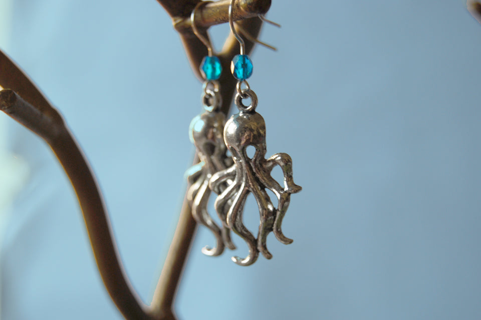 Octopus Earrings | Silver Octopus Charm Earrings | Nautical Jewelry - Enchanted Leaves - Nature Jewelry - Unique Handmade Gifts