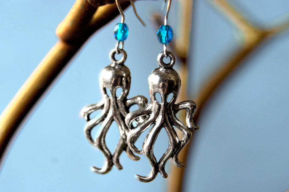 Octopus Earrings | Silver Octopus Charm Earrings | Nautical Jewelry - Enchanted Leaves - Nature Jewelry - Unique Handmade Gifts