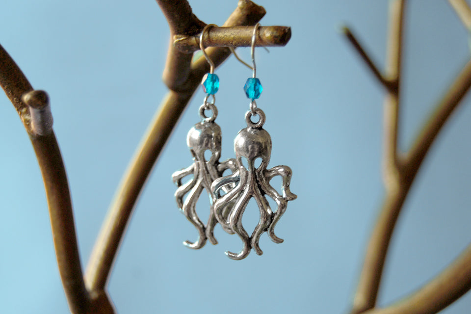 Octopus Earrings | Silver Octopus Charm Earrings | Nautical Jewelry - Enchanted Leaves - Nature Jewelry - Unique Handmade Gifts