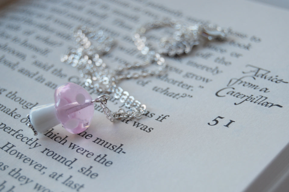 Pink Princess Toadstool Mushroom Necklace | Glass Mushroom Charm Necklace - Enchanted Leaves - Nature Jewelry - Unique Handmade Gifts
