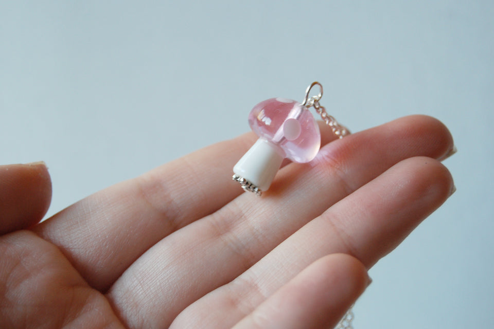 Pink Princess Toadstool Mushroom Necklace | Glass Mushroom Charm Necklace - Enchanted Leaves - Nature Jewelry - Unique Handmade Gifts