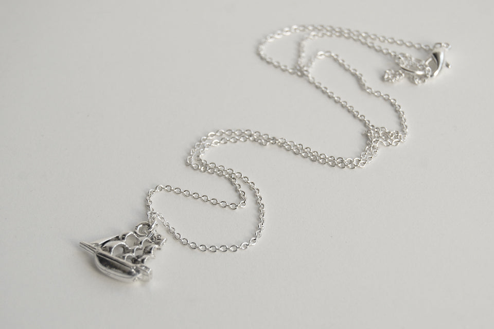 Jolly Roger Pirate Ship Necklace | Silver Ship Charm Necklace | Peter Pan Pirate Ship - Enchanted Leaves - Nature Jewelry - Unique Handmade Gifts