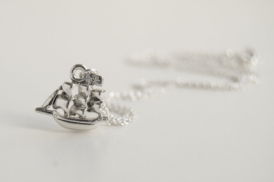 Jolly Roger Pirate Ship Necklace | Silver Ship Charm Necklace | Peter Pan Pirate Ship - Enchanted Leaves - Nature Jewelry - Unique Handmade Gifts