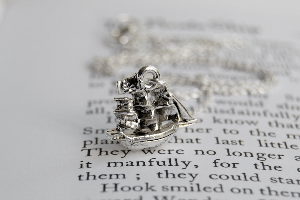 Jolly Roger Pirate Ship Necklace | Silver Ship Charm Necklace | Peter Pan Pirate Ship - Enchanted Leaves - Nature Jewelry - Unique Handmade Gifts