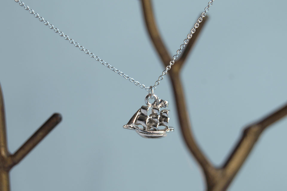 Jolly Roger Pirate Ship Necklace | Silver Ship Charm Necklace | Peter Pan Pirate Ship - Enchanted Leaves - Nature Jewelry - Unique Handmade Gifts