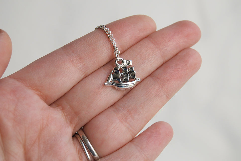 Jolly Roger Pirate Ship Necklace | Silver Ship Charm Necklace | Peter Pan Pirate Ship - Enchanted Leaves - Nature Jewelry - Unique Handmade Gifts