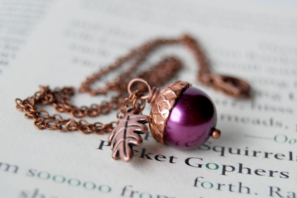 Plum & Copper Acorn Necklace | Nature Jewelry | Woodland Pearl Acorn | Fall Acorn Charm Necklace - Enchanted Leaves - Nature Jewelry - Unique Handmade Gifts