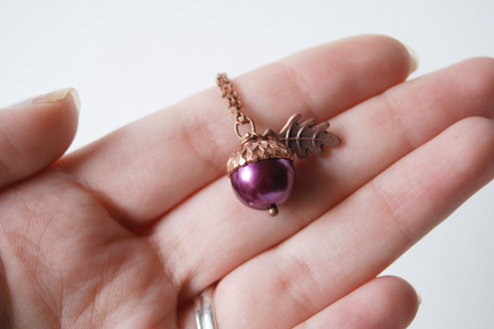 Plum & Copper Acorn Necklace | Nature Jewelry | Woodland Pearl Acorn | Fall Acorn Charm Necklace - Enchanted Leaves - Nature Jewelry - Unique Handmade Gifts