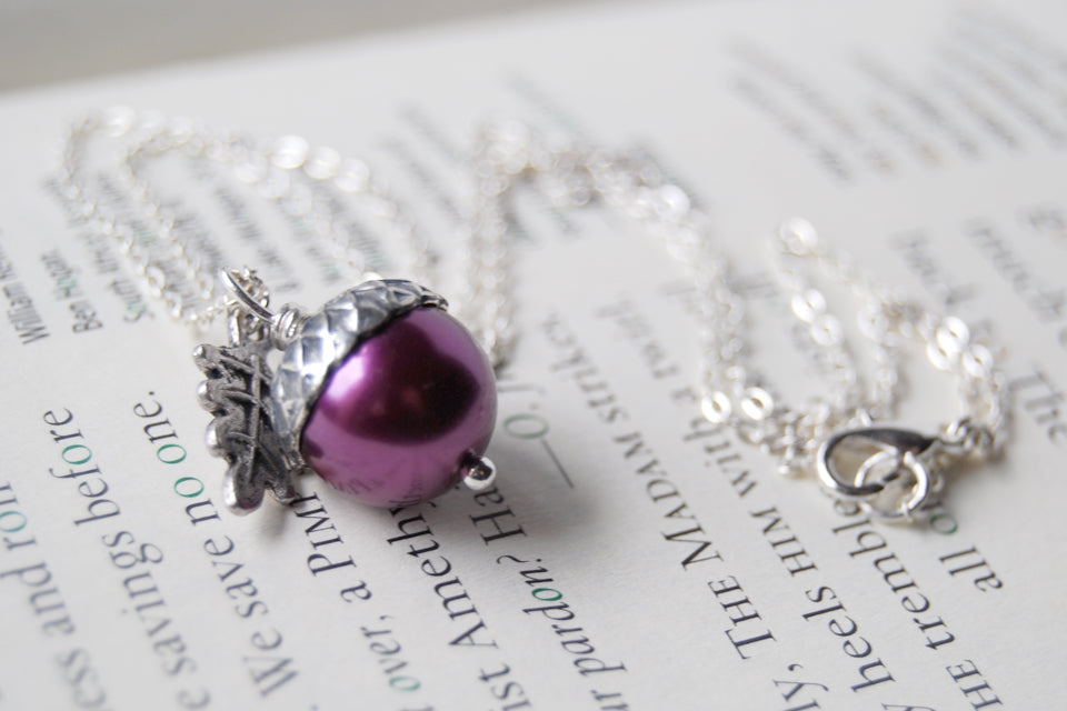 Plum & Silver Acorn Necklace | Nature Jewelry | Woodland Pearl Acorn | Fall Acorn Charm Necklace - Enchanted Leaves - Nature Jewelry - Unique Handmade Gifts