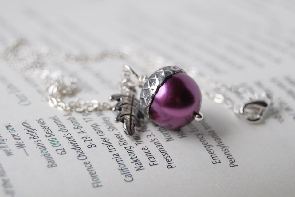 Plum & Silver Acorn Necklace | Nature Jewelry | Woodland Pearl Acorn | Fall Acorn Charm Necklace - Enchanted Leaves - Nature Jewelry - Unique Handmade Gifts