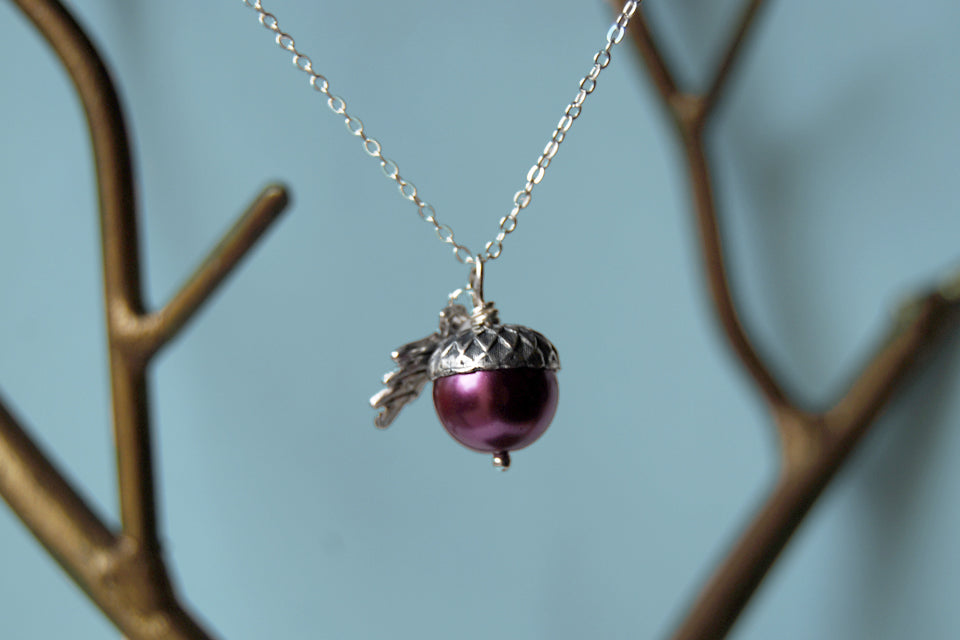 Plum & Silver Acorn Necklace | Nature Jewelry | Woodland Pearl Acorn | Fall Acorn Charm Necklace - Enchanted Leaves - Nature Jewelry - Unique Handmade Gifts