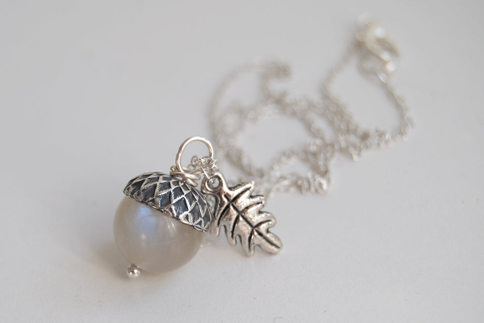 Rainbow Moonstone and Silver Acorn Necklace | Cute Nature Acorn Charm Necklace | Fall Acorn Necklace | Woodland Gemstone Acorn | Nature Jewelry - Enchanted Leaves - Nature Jewelry - Unique Handmade Gifts
