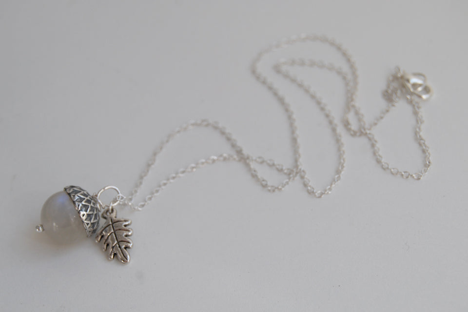 Rainbow Moonstone and Silver Acorn Necklace | Cute Nature Acorn Charm Necklace | Fall Acorn Necklace | Woodland Gemstone Acorn | Nature Jewelry - Enchanted Leaves - Nature Jewelry - Unique Handmade Gifts