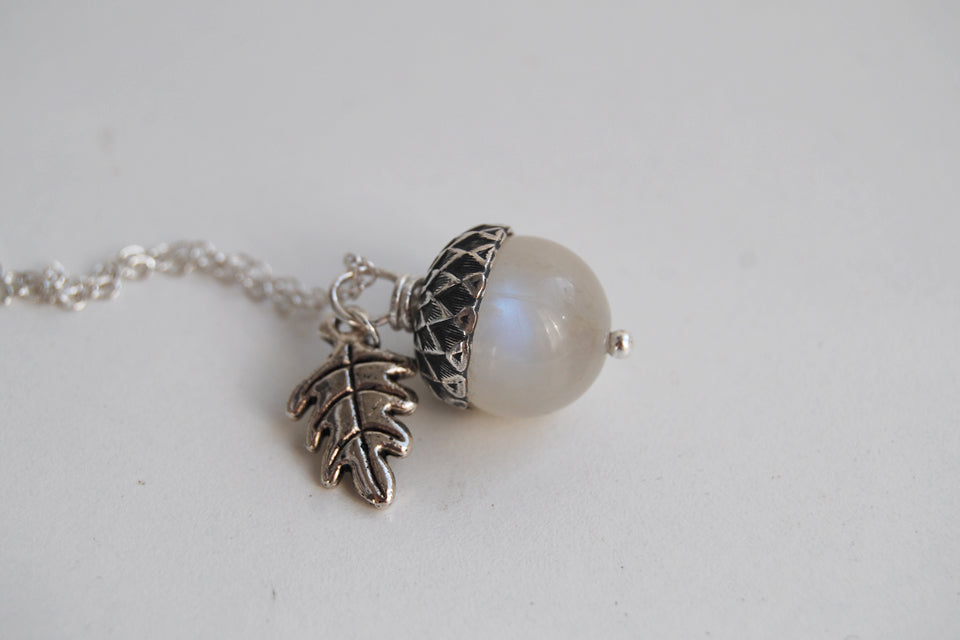 Rainbow Moonstone and Silver Acorn Necklace | Cute Nature Acorn Charm Necklace | Fall Acorn Necklace | Woodland Gemstone Acorn | Nature Jewelry - Enchanted Leaves - Nature Jewelry - Unique Handmade Gifts