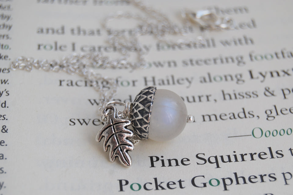 Rainbow Moonstone and Silver Acorn Necklace | Cute Nature Acorn Charm Necklace | Fall Acorn Necklace | Woodland Gemstone Acorn | Nature Jewelry - Enchanted Leaves - Nature Jewelry - Unique Handmade Gifts