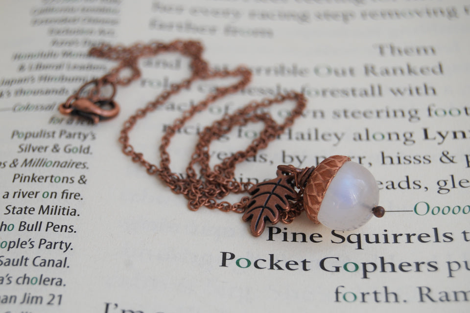 Rainbow Moonstone and Copper Acorn Necklace | Cute Nature Acorn Charm Necklace | Fall Acorn Necklace | Woodland Gemstone Acorn | Nature Jewelry - Enchanted Leaves - Nature Jewelry - Unique Handmade Gifts