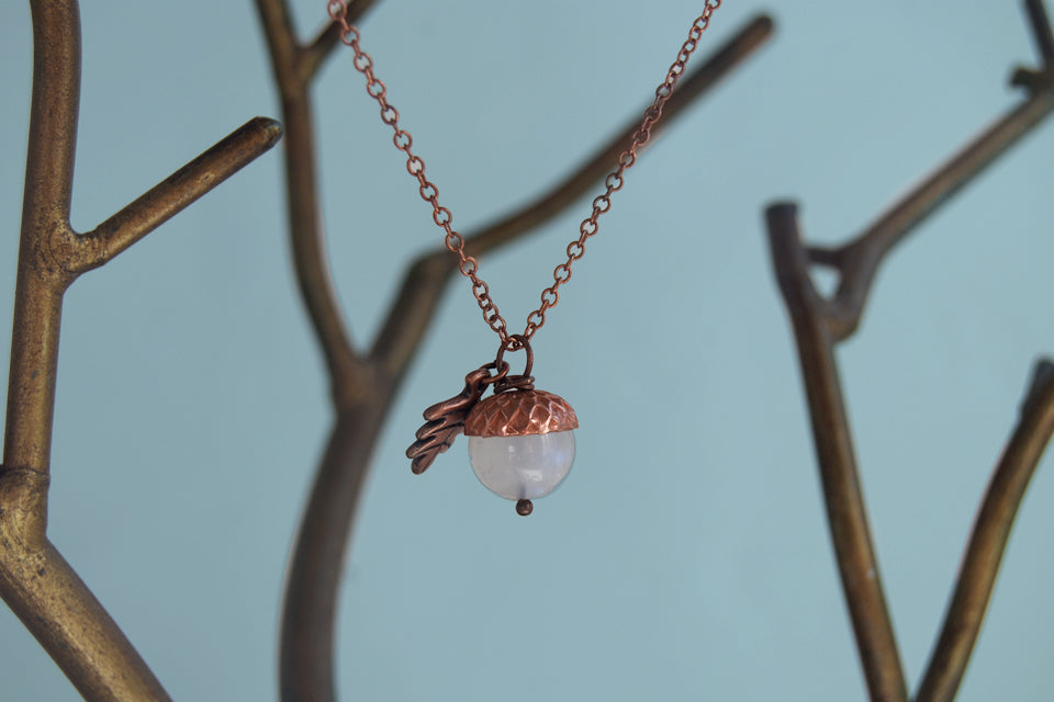 Rainbow Moonstone and Copper Acorn Necklace | Cute Nature Acorn Charm Necklace | Fall Acorn Necklace | Woodland Gemstone Acorn | Nature Jewelry - Enchanted Leaves - Nature Jewelry - Unique Handmade Gifts