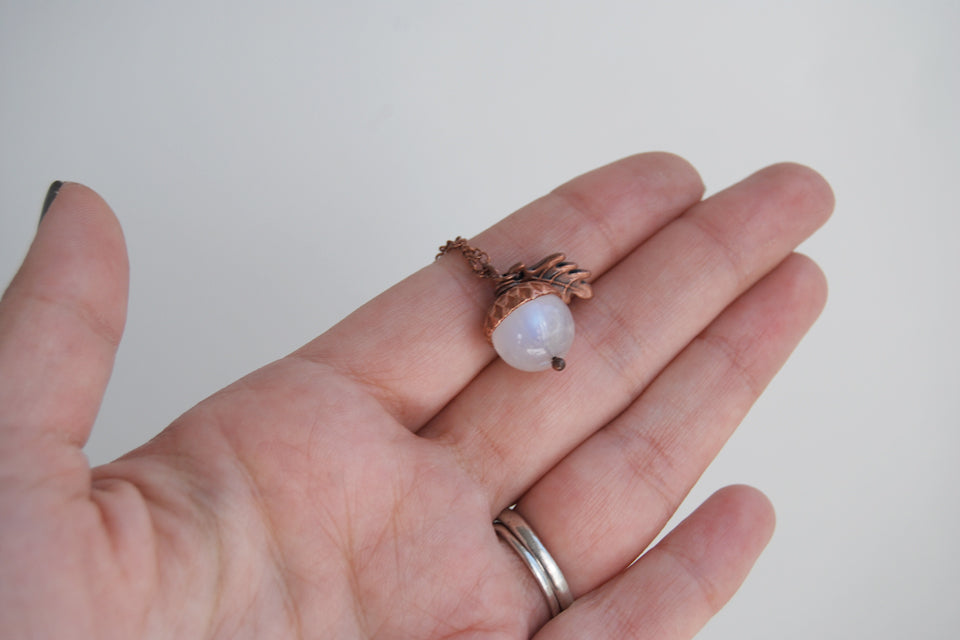 Rainbow Moonstone and Copper Acorn Necklace | Cute Nature Acorn Charm Necklace | Fall Acorn Necklace | Woodland Gemstone Acorn | Nature Jewelry - Enchanted Leaves - Nature Jewelry - Unique Handmade Gifts