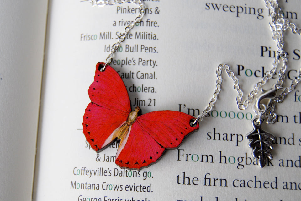 Red Glider Butterfly Necklace | Red Butterfly Pendant | Woodland Butterfly Necklace - Enchanted Leaves - Nature Jewelry - Unique Handmade Gifts