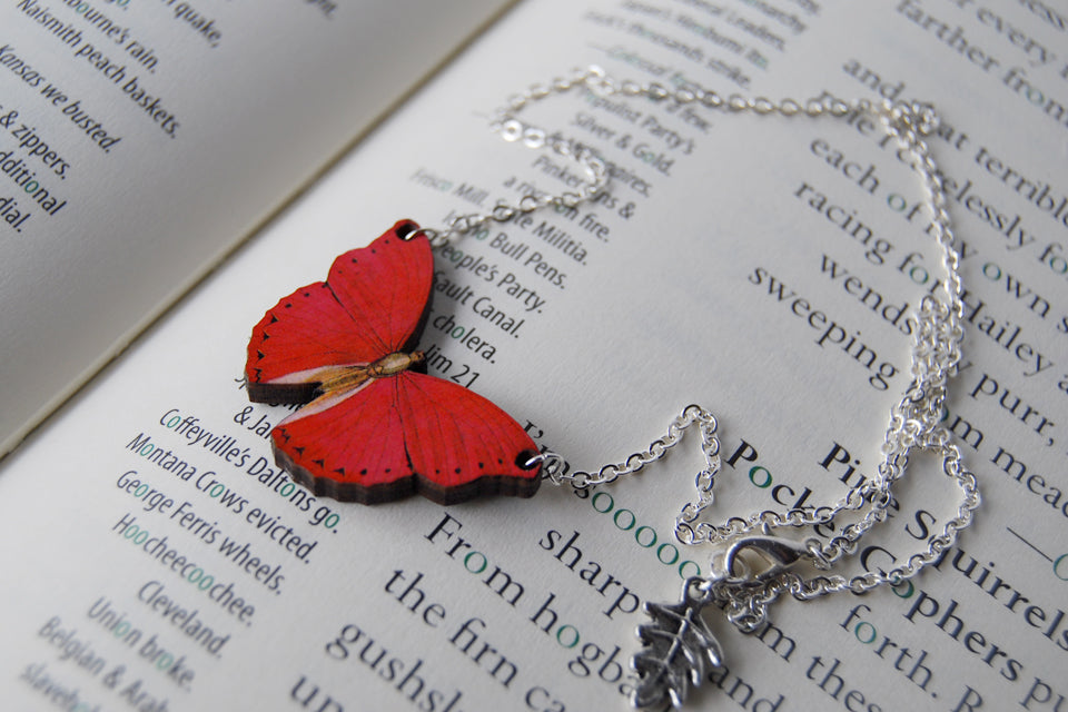Red Glider Butterfly Necklace | Red Butterfly Pendant | Woodland Butterfly Necklace - Enchanted Leaves - Nature Jewelry - Unique Handmade Gifts