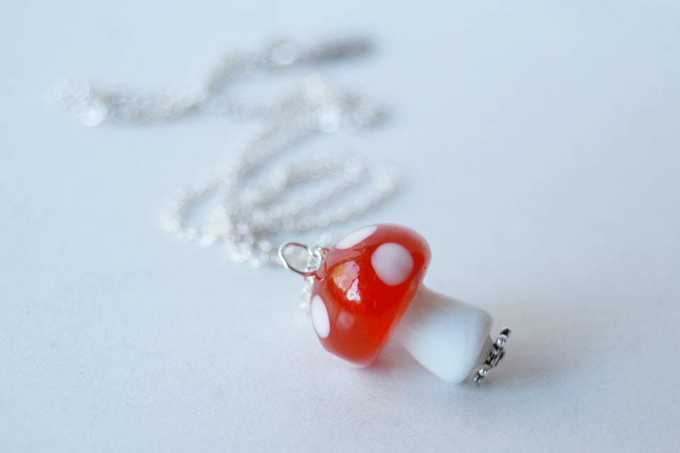 Large Red Glass Mushroom Necklace | Cute Red Toadstool Charm Necklace | Mushroom Jewelry - Enchanted Leaves - Nature Jewelry - Unique Handmade Gifts