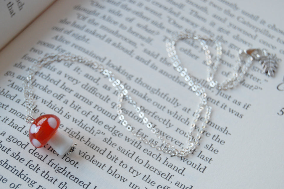 Large Red Glass Mushroom Necklace | Cute Red Toadstool Charm Necklace | Mushroom Jewelry - Enchanted Leaves - Nature Jewelry - Unique Handmade Gifts