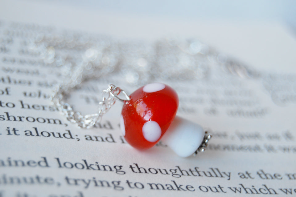 Large Red Glass Mushroom Necklace | Cute Red Toadstool Charm Necklace | Mushroom Jewelry - Enchanted Leaves - Nature Jewelry - Unique Handmade Gifts