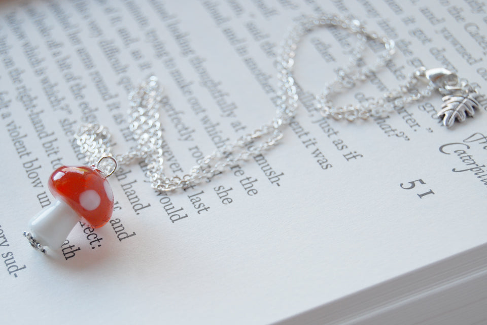 Large Red Glass Mushroom Necklace | Cute Red Toadstool Charm Necklace | Mushroom Jewelry - Enchanted Leaves - Nature Jewelry - Unique Handmade Gifts