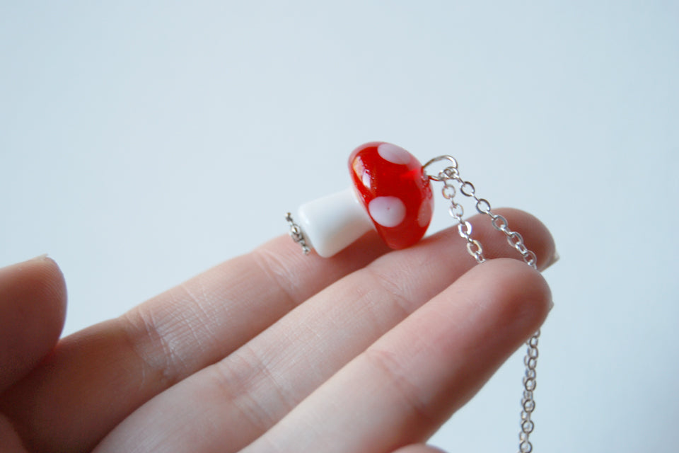 Large Red Glass Mushroom Necklace | Cute Red Toadstool Charm Necklace | Mushroom Jewelry - Enchanted Leaves - Nature Jewelry - Unique Handmade Gifts