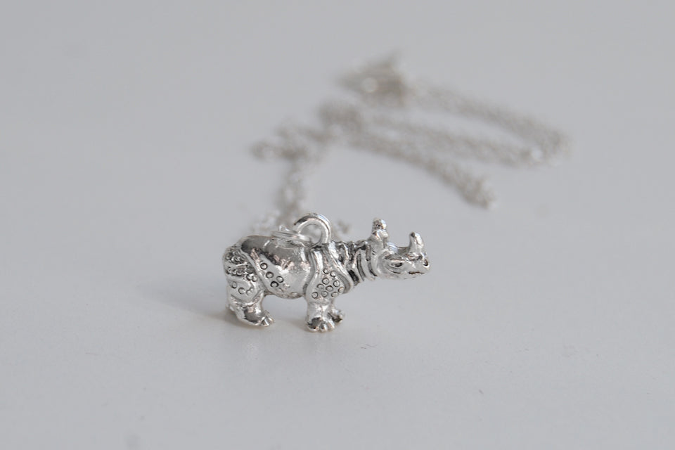 Rhino Necklace | Cute Silver Rhinoceros Charm Necklace | Wildlife Jewelry - Enchanted Leaves - Nature Jewelry - Unique Handmade Gifts