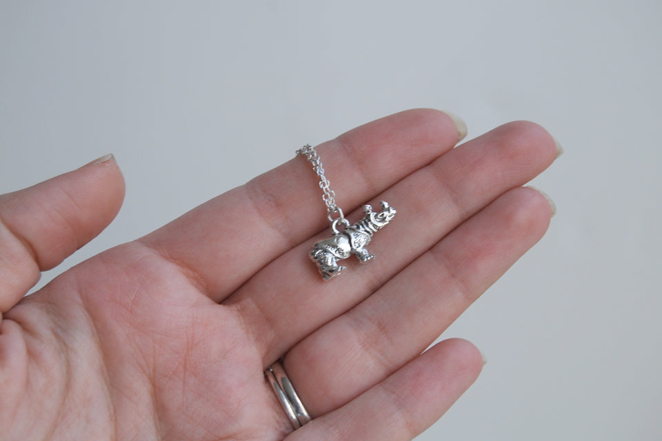 Rhino Necklace | Cute Silver Rhinoceros Charm Necklace | Wildlife Jewelry - Enchanted Leaves - Nature Jewelry - Unique Handmade Gifts