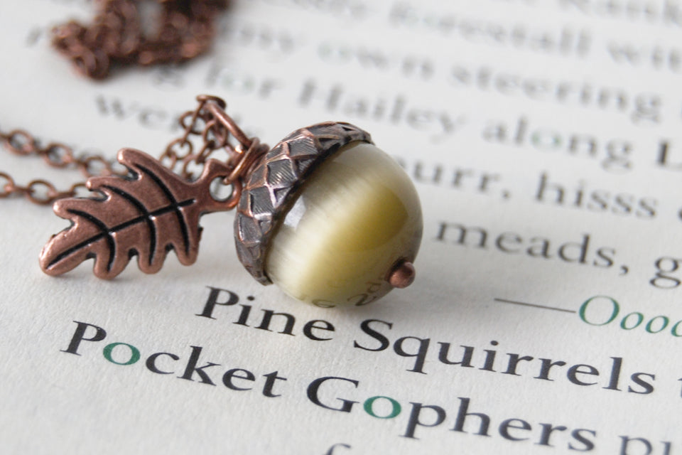 Saffron and Copper Acorn Necklace | Cute Nature Acorn Charm Necklace | Fall Acorn Necklace | Woodland Gemstone Acorn | Nature Jewelry - Enchanted Leaves - Nature Jewelry - Unique Handmade Gifts